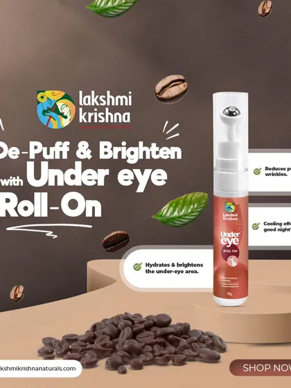 De-Puff and Brighten with our Under Eye Roll-On. This graphic explains how the product reduces puffiness and wrinkles, provides a cooling effect, and hydrates the under-eye area.