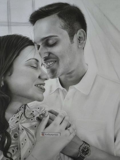 A tender moment between a couple, captured in graphite. This A3 portrait took 35 hours, with special attention paid to the soft lighting and their gentle expressions.