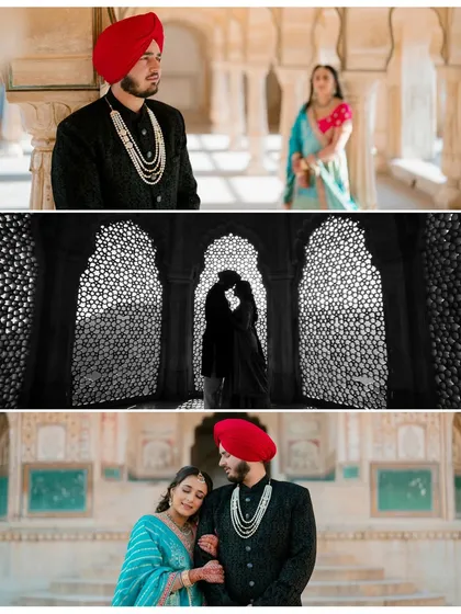 A beautiful silhouette of a Sikh couple kissing, framed by an intricately carved jali window at Amer Fort. This black and white shot adds a timeless and artistic feel to their pre-wedding collection.
