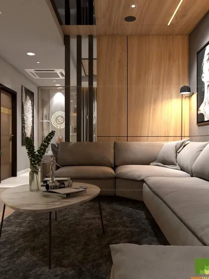 This view showcases how I use partitions and paneling to add depth. The vertical wood slats and glass partition create a sense of separation while allowing light and views to flow through the space.