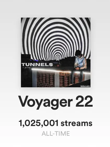 My track 'Voyager 22' hitting over one million streams on Spotify. I'm incredibly grateful for everyone who has listened and supported my original music.
