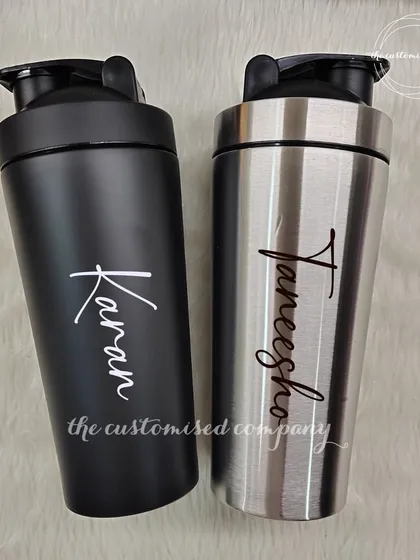 Shake out those Monday blues with our personalized protein shakers. Available in matte black and stainless steel, these are a must-have for any fitness enthusiast.