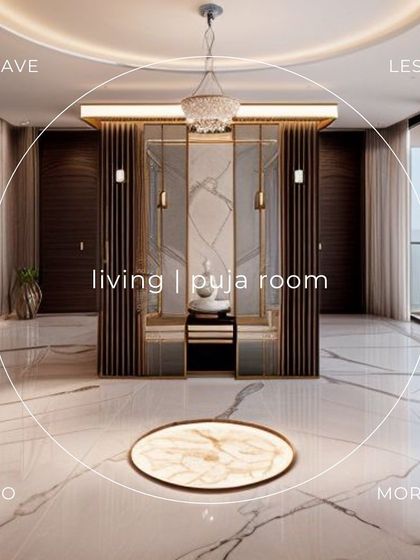 A modern and luxurious puja room design, integrated into the main living area. The space is defined by marble, metallic accents, and elegant partitions, creating a spiritual corner that is both serene and stylish.