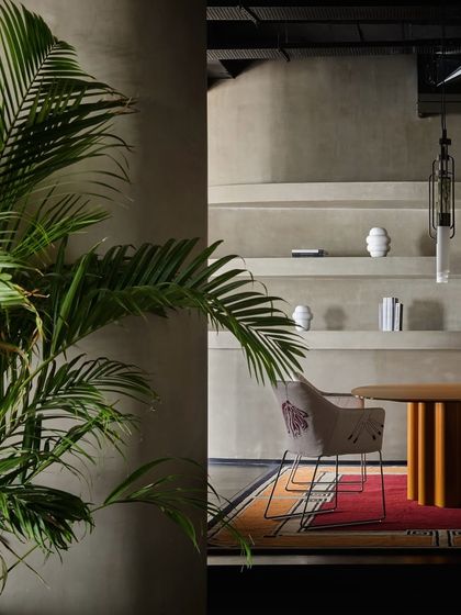 A detail shot showing a plant next to the dining area, adding a natural element that softens the modern lines of the furniture and architecture.