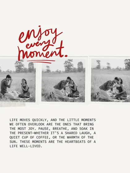 "Enjoy every moment." A black and white triptych that captures the simple joy of a shared laugh during their picnic-themed pre-wedding shoot.