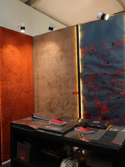 A view of our booth at the Ajio Luxe Weekend, showcasing a stunning collection of textured and patterned wallpapers from iconic brands, ready for exploration.
