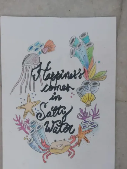 "Happiness comes in Salty Water." A personal doodle celebrating my love for the ocean and its vibrant life. I often use my own art to inspire my students.