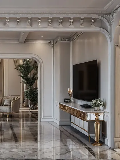 For clients who love timeless grandeur, I create luxurious classical interiors like this one. Intricate moldings, gold accents, and polished marble floors come together to build a space that feels both opulent and gracefully balanced.