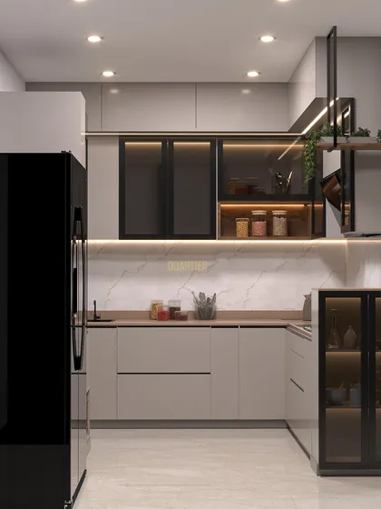 A 3D visualization of a modular kitchen for a project at Gaur Saundaryam. The design features black tinted glass upper cabinets, a Galaxy mushroom countertop, and beige Italian texture tiles on the backsplash for a modern, luxurious look.
