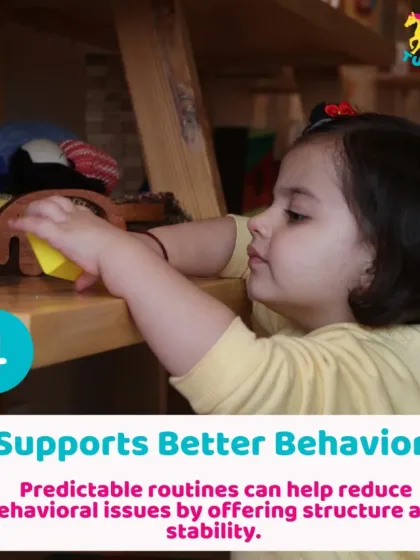 A young girl carefully organizing toys on a shelf. Our environment encourages children to take responsibility for their play space, supporting better behavior.