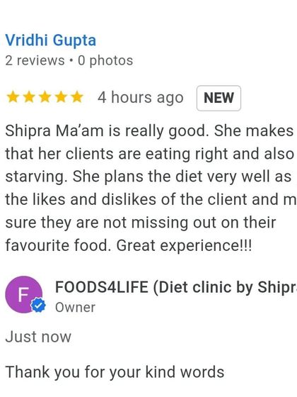 This review from Vridhi Gupta makes me so happy. She emphasizes that my diet plans ensure clients are eating right and not starving, and that I tailor them to individual likes and dislikes.