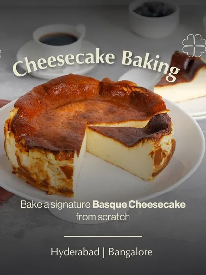 The signature burnt top and creamy center of a Basque cheesecake. This is the beautiful result of our cheesecake baking workshop, where you learn to create this modern classic from scratch.
