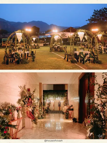 A view of the outdoor dining setup with arched cabanas and an indoor floral entrance, showing how we seamlessly connect different zones of an event with a consistent design language.