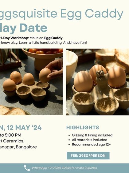 Our 'Eggsquisite Egg Caddy' workshop is a fun, one day session where you can hand-build a unique ceramic egg holder. It's a practical and charming addition to any kitchen.