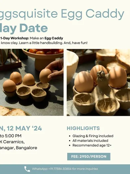 Our 'Eggsquisite Egg Caddy' workshop is a fun, one day session where you can hand-build a unique ceramic egg holder. It's a practical and charming addition to any kitchen.