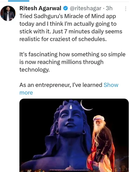 It is inspiring to see leaders like Ritesh Agarwal, the founder of OYO, share their positive experience with the app. He highlights how its simplicity makes it realistic for even the busiest schedules, reaching millions through technology.