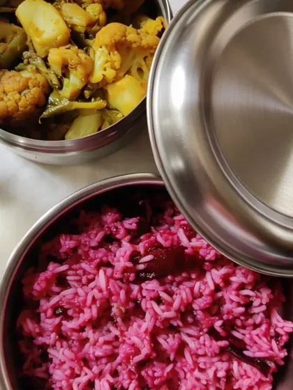A customer favorite, this meal features vibrant beetroot rice paired with a classic Aloo Gobi sabzi. It's a comforting and colorful combination that never disappoints.