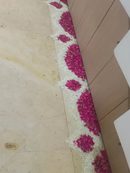 A close-up of a floor border I created using white and pink flower petals. This is a great way to define a space or a walkway.