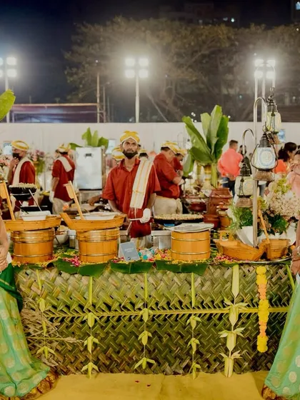 My South Indian live station is designed to be a feast for the senses. Staff in traditional green sarees stand ready to serve guests, with banana leaf decor and authentic serveware completing the immersive experience.