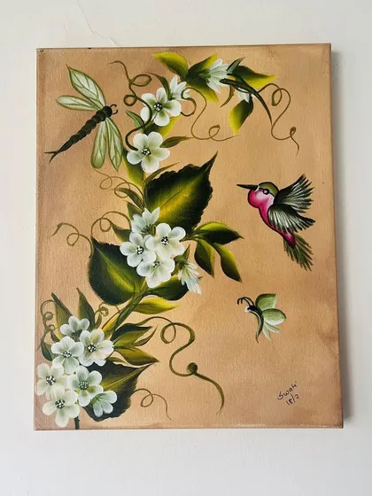 This piece combines one-stroke flowers with delicate details like a dragonfly and a hummingbird, all painted on a wood-textured background.