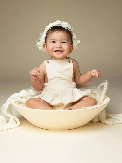 This sweet baby girl, dressed in a simple white outfit and bonnet, gives a perfect, happy grin for her portrait.