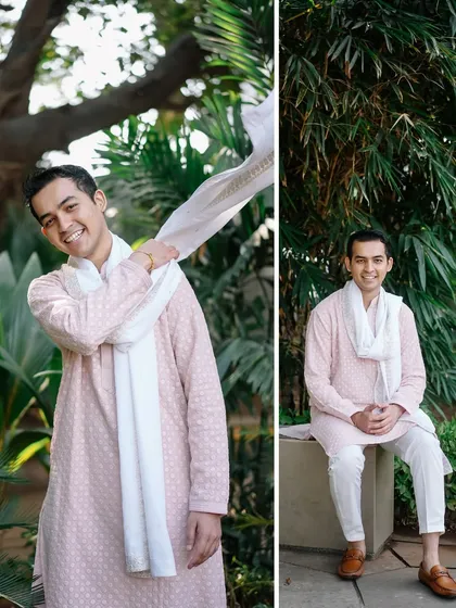 The groom, looking dapper and relaxed in his pink kurta, before the Haldi festivities begin.