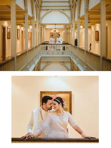 A two-part story showing both a grand, wide-angle shot and an intimate close-up. The beautiful hotel corridor provides a stunning, symmetrical backdrop for this elegant couple's shoot.