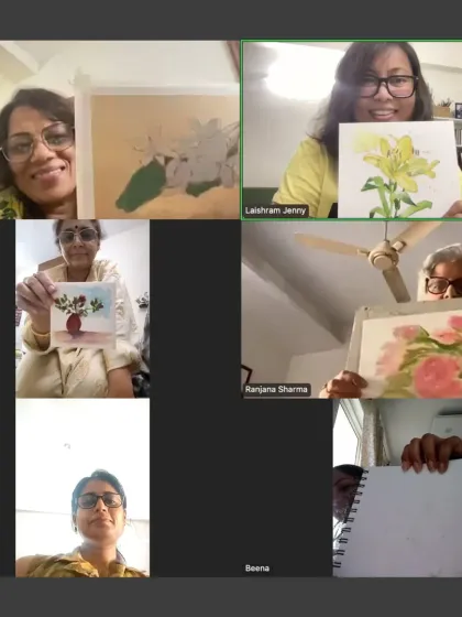My live online classes bring together art lovers from everywhere. Here’s a happy group showing off their beautiful floral watercolor paintings from one of our recent Zoom sessions. It’s a relaxed way to learn from home.