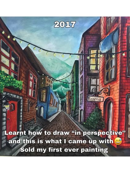 Back in 2017, I was learning how to draw in perspective and created this painting of a charming street alley. This piece is extra special because it was the first painting I ever sold, which was an incredible feeling.