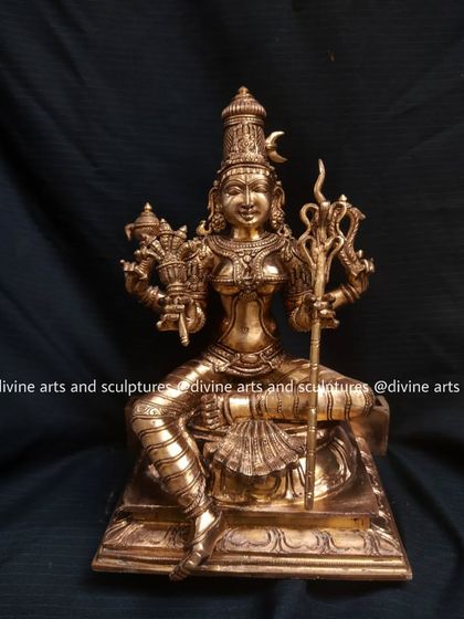 A 10-inch bronze statue of Lalitha Tripura Sundari, the playful and beautiful goddess. This custom piece was crafted for a devotee in the USA.