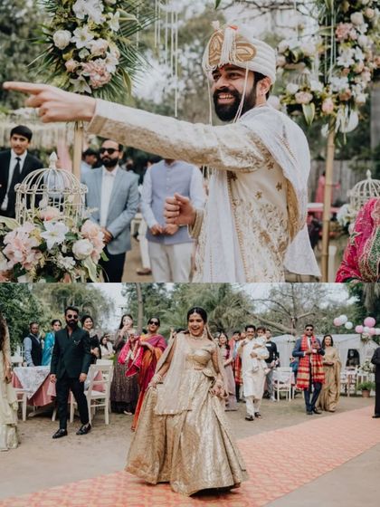 The bride and groom's grand entrance into their garden wedding, full of energy and excitement.