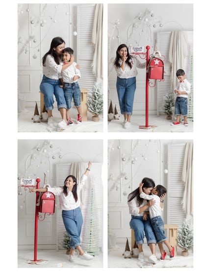 A collage of a mother and son's fun and festive Christmas shoot.