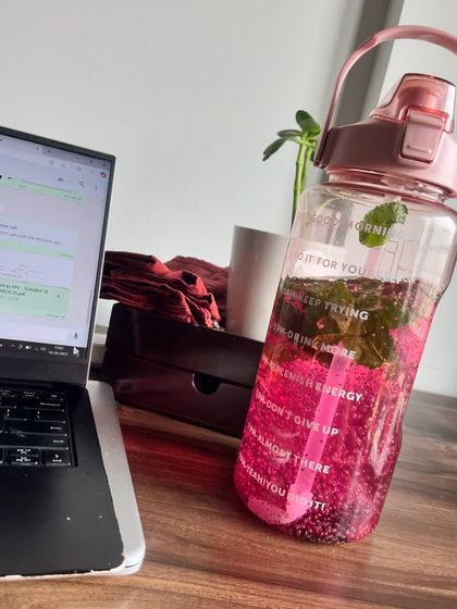 My desk-side companion for staying hydrated all day. This is a beetroot, mint, and chia seed infused water that not only tastes great but also supports a healthy and happy life.
