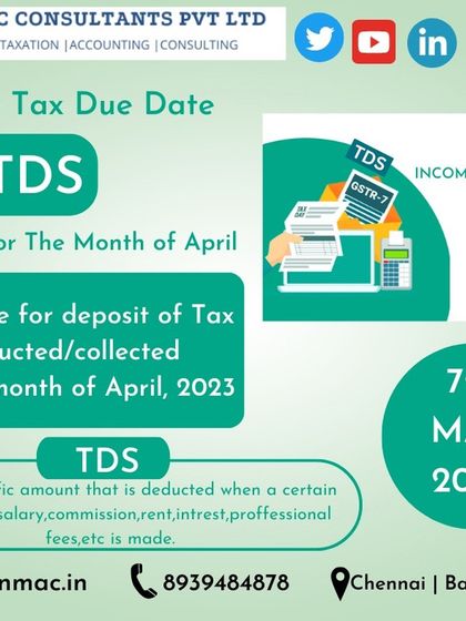 A reminder for the TDS payment deadline for the month of April 2023. TDS is deducted on various payments like salary, rent, and professional fees.
