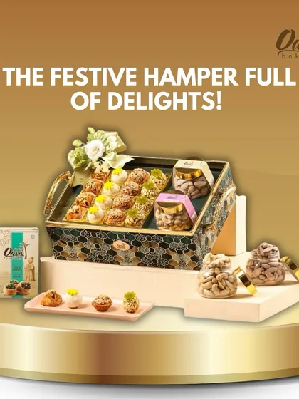 The festive hamper full of delights. This image showcases a beautiful gift tray packed with assorted baklava, dry fruits, and other treats, perfect for Diwali gifting.