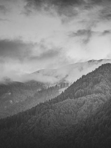 Layers of hills covered in forest, with clouds drifting between them. This monochrome image emphasizes the shapes and depth of the mountain landscape.