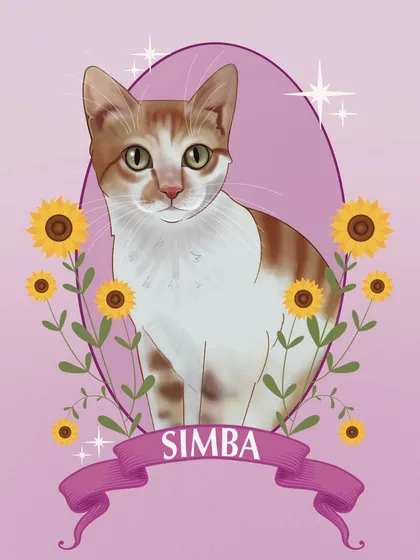 A bright and cheerful digital portrait of Simba the cat. I surrounded him with sunflowers against a pink background to create a warm, sunny vibe that matches his ginger fur.