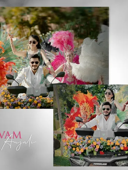 A collage showing the couple's grand carnival entry on a decorated ATV, surrounded by dancers. It's all about creating a memorable, high-energy experience.