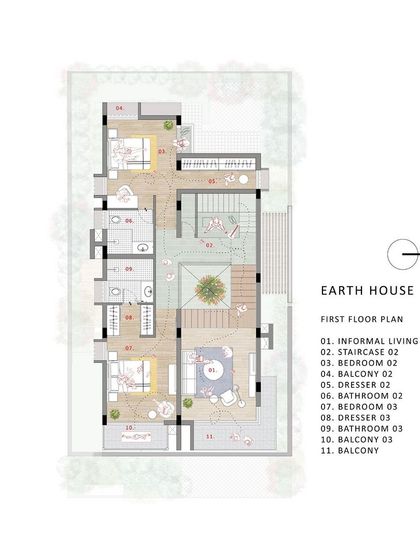 The first-floor plan for the Earth Villa, showing the informal living area, two additional bedrooms with attached balconies, and the double-height volume of the central staircase.