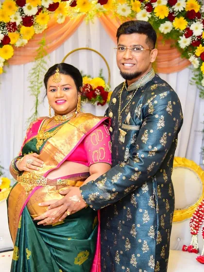 The happy couple at their baby shower. I focus on creating a look that feels special but also lets your own personality shine through.