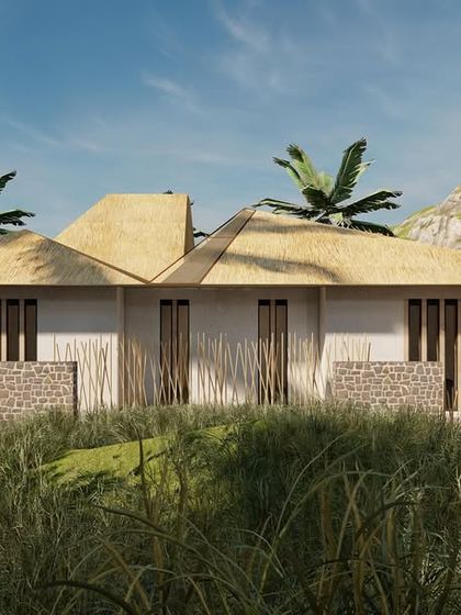 This render shows the final form of the Serenity guesthouse, where the roof unifies the structure. The split-level design responds to the terrain while creating a dynamic visual profile against the backdrop of the Anamalai hills.