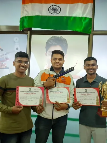 A big win for our Chembur team. Shubham, Umaji, and Aniket with their Team Gold Medal in the 10m Air Pistol event at the Zonal Mumbai University championship.