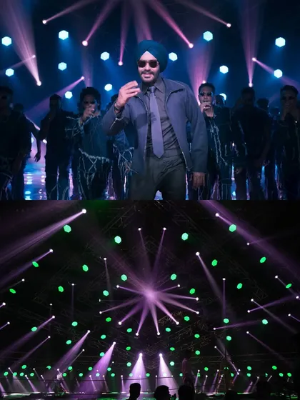 A before-and-after from the "Po Po Song" shoot. The bottom view shows our lighting rig creating a starburst pattern with green and purple beams, which translates to the dynamic on-screen look in the top frame.