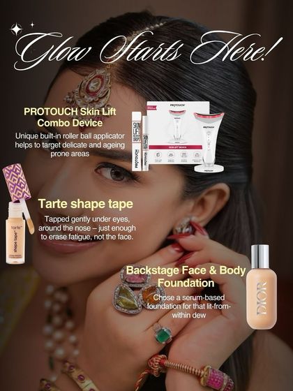 A breakdown of the products used for a soft glam Haldi look. This graphic details the skin-lifting device, concealer, and foundation that create a lit-from-within dewiness.