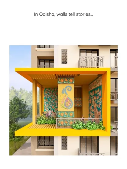In Odisha, walls tell stories. Our design for Krishnasagar Township features double-height open spaces adorned with local mural art, creating a unique sense of place.