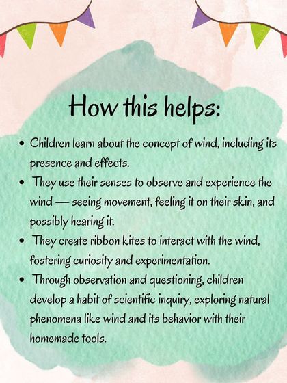 This graphic explains how making and flying ribbon kites helps children learn about the concept of wind, using their senses to observe its presence and effects.