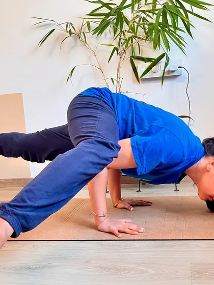 This is Eka Pada Koundinyasana, an arm balance that took me a long time to achieve. It’s a perfect example of how consistency pays off. In my classes for more experienced students, we work on building the core and upper body strength needed for poses like this, breaking it down step by step.