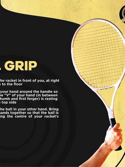 The second step to a great serve is the grip. We teach the proper way to hold the racket, ensuring the "V" of your hand is correctly positioned to allow for maximum control and power upon impact.