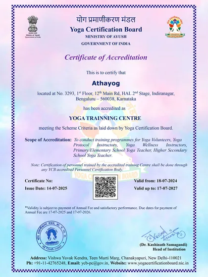 We are proud to be officially accredited by the Yoga Certification Board, under the Ministry of AYUSH, Government of India. This certificate is our promise to you that we meet the highest standards for yoga education in the country. It allows us to offer government-recognized training for various levels of yoga instructors, ensuring your certification is respected and valued.
