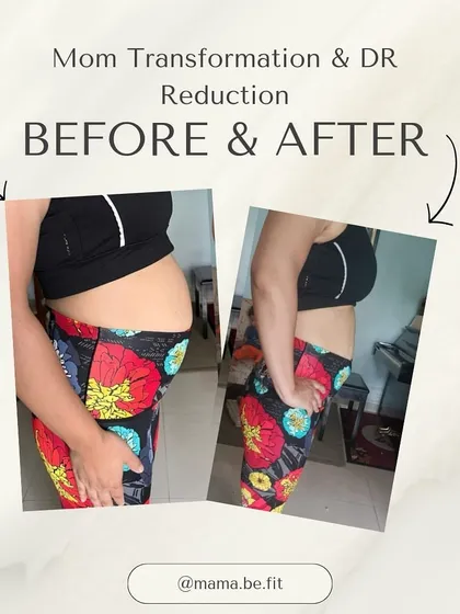 This before and after collage shows a significant reduction in postpartum belly and improved posture. This is a celebration of progress in healing diastasis recti and strengthening the core.